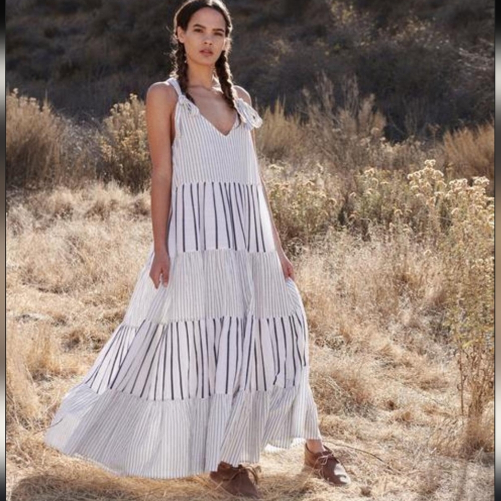 THE GREAT. White and Navy Striped Tiered Maxi Dress